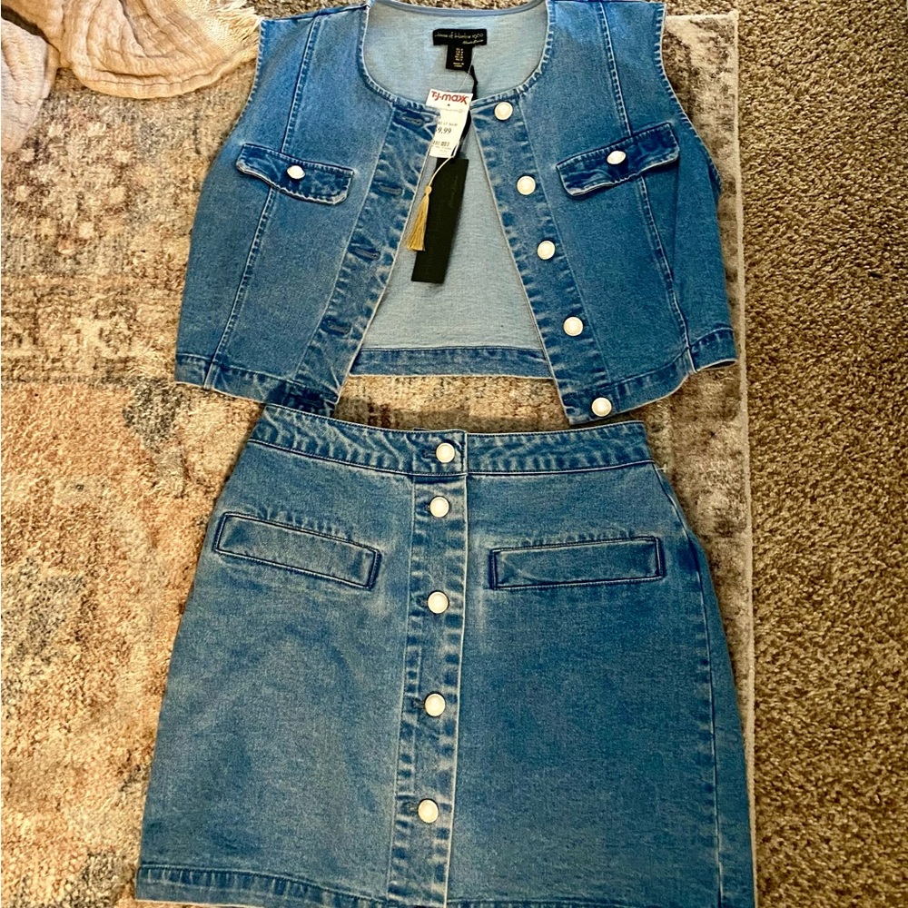 Cute jean and pearl vest and skirt